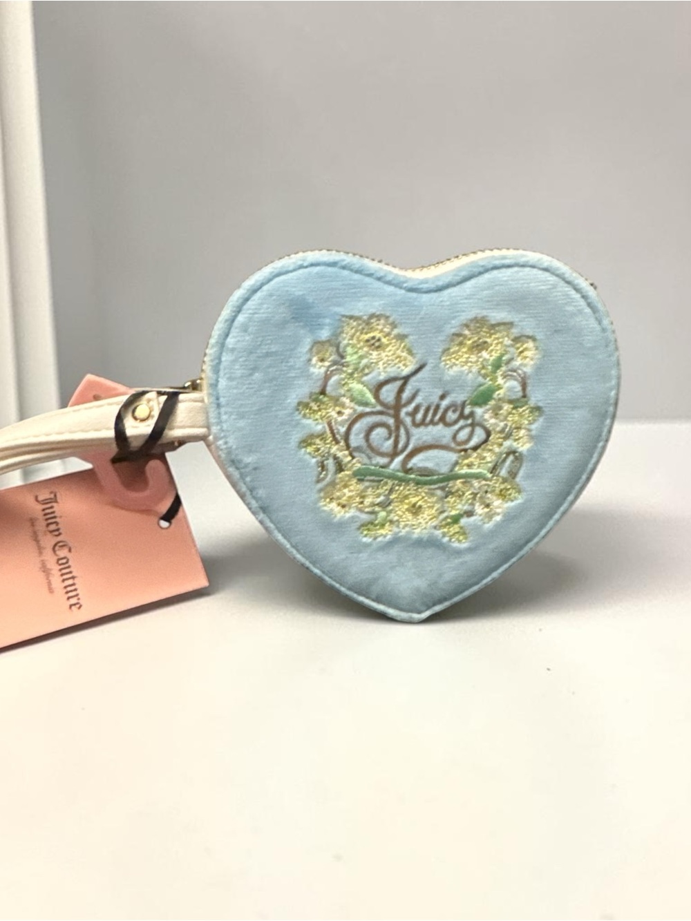 Juicy Couture Powder Blue Heart Wristlet with White Strap